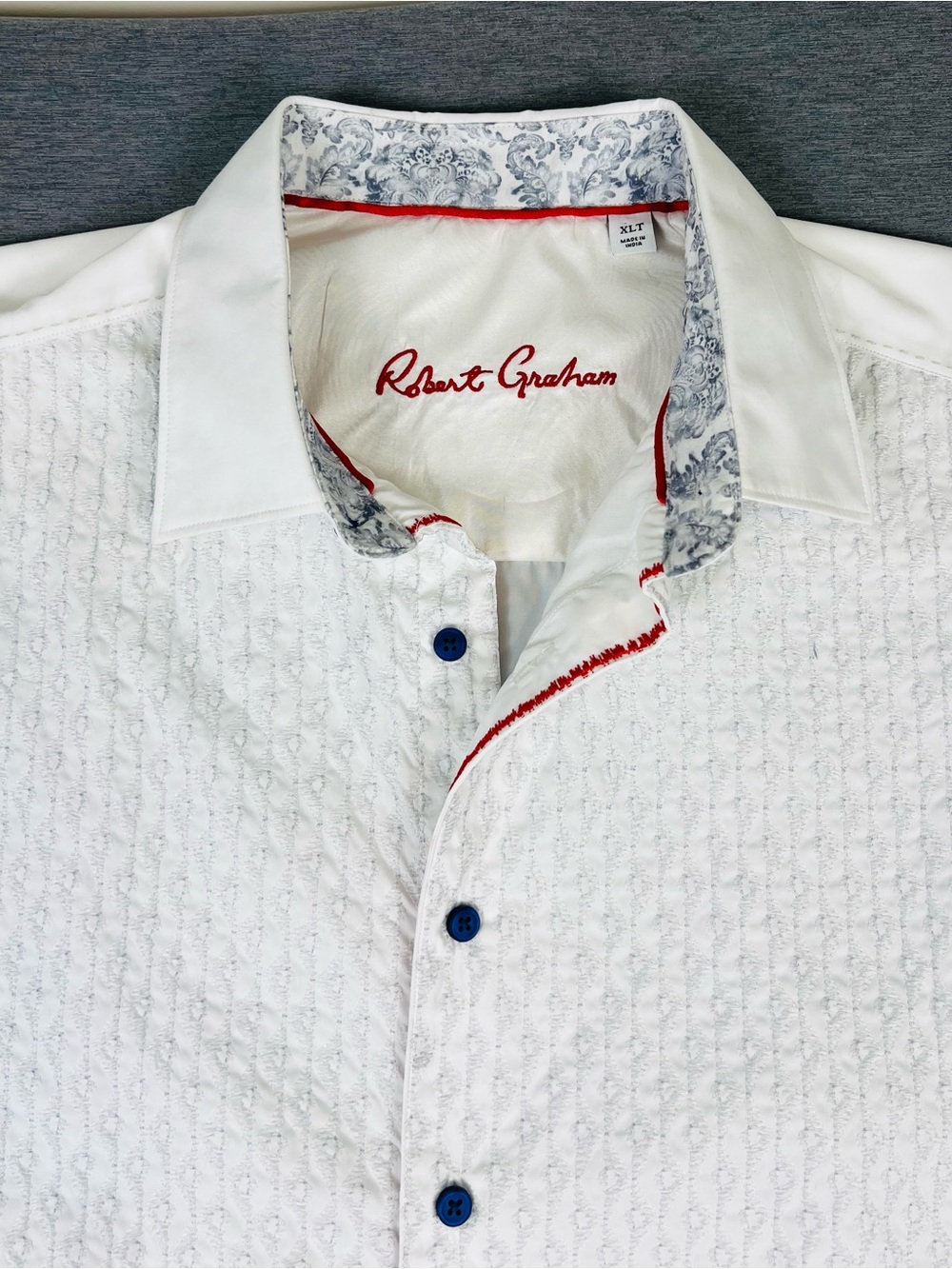 Robert Graham White Textured Dress Shirt with Blue Damask Paisley Trim